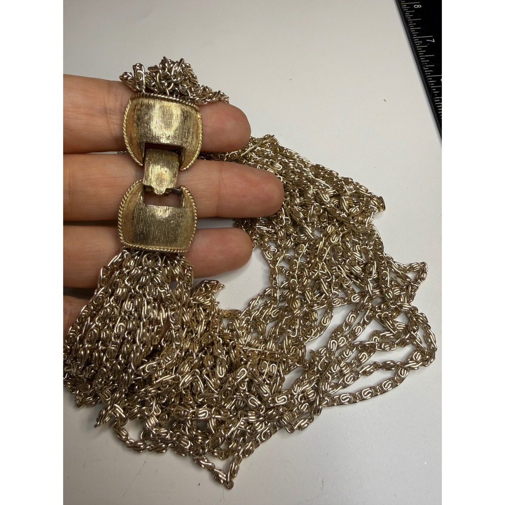 Vintage Multi Strand Gold Tone Chain Bib Necklace Bold Statement Waterfall Clasp